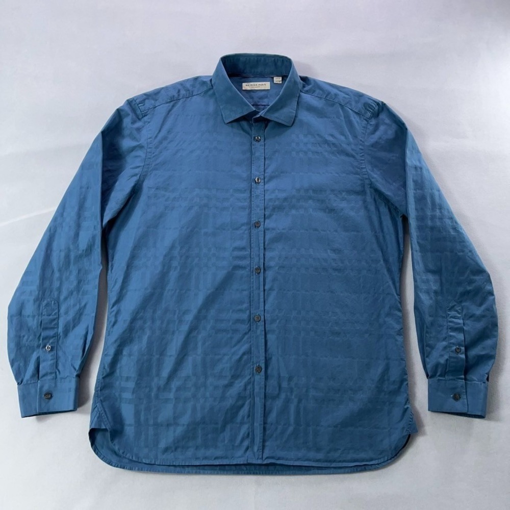Burberry London Shirt Men 17.5 44 Blue Textured Check Long‎ Sleeve Button Up